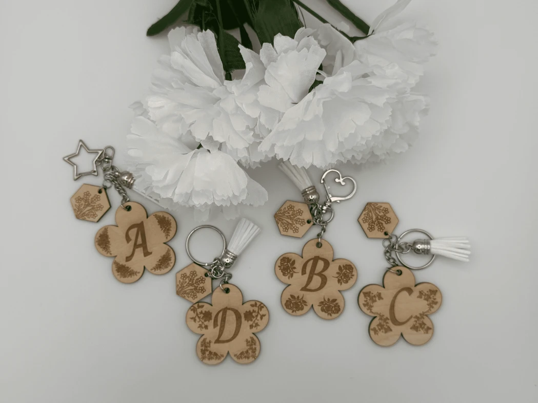 Wooden Flower Initial Keychain - Custom Engraved Letter Keyring
