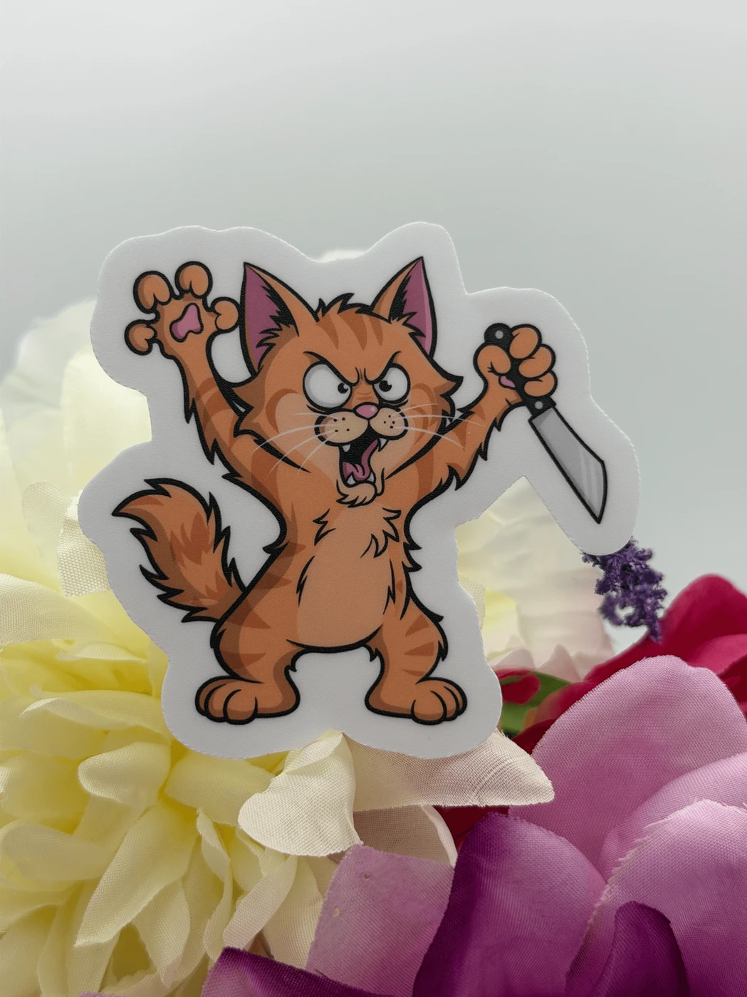 Angry Orange Cat With Knife Funny Vinyl Sticker