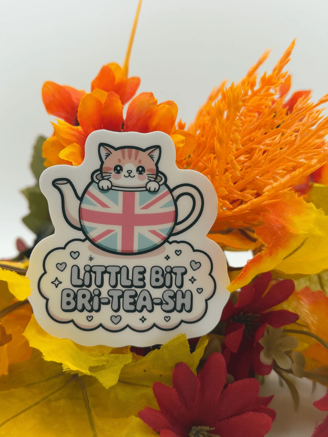 Cute British Cat Tea Pun Vinyl Sticker