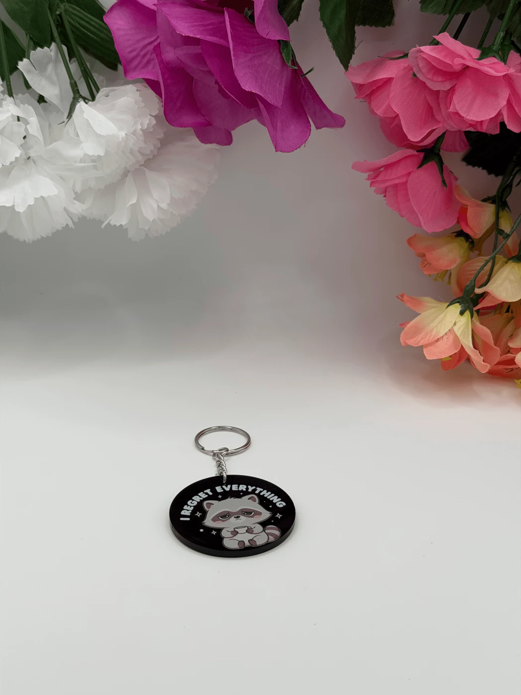 Kawaii Raccoon Acrylic Keychain I Regret Everything
