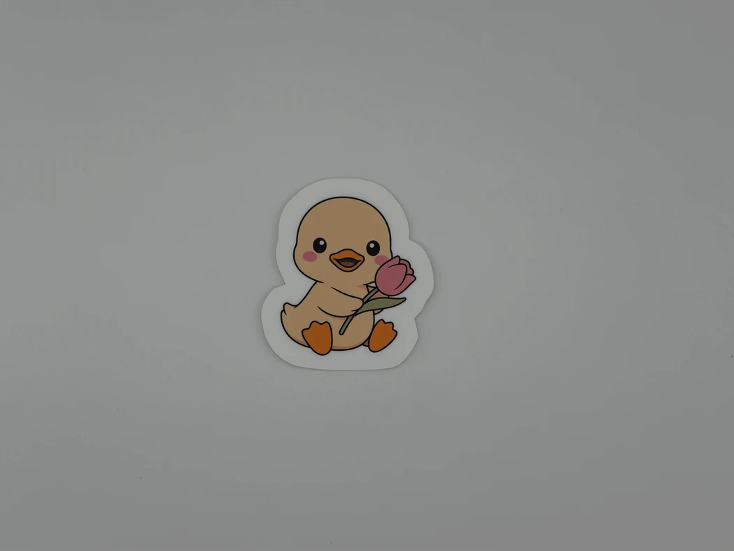 Cute Duck Vinyl Sticker with Tulip - Kawaii Baby Duck Decal