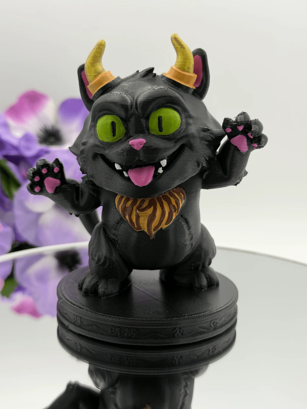 3D Printed Horned Black Cat Figure - Hand-Painted Gothic Cat Decor, Cute Fantasy Collectible