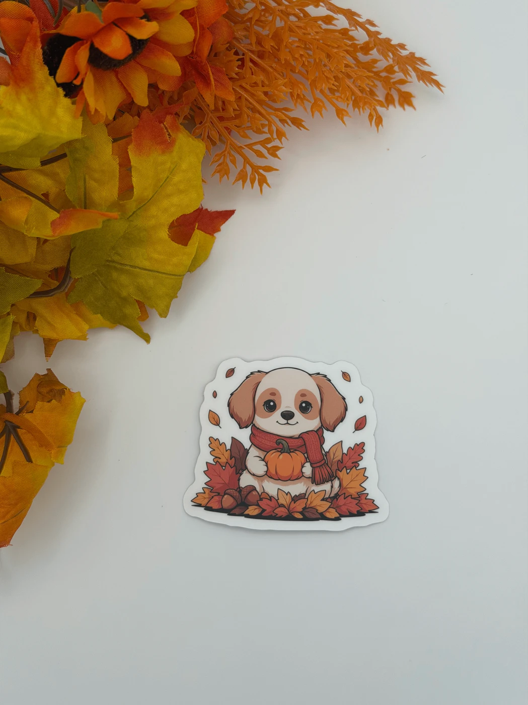 Cute Fall Puppy Vinyl Sticker with Pumpkin