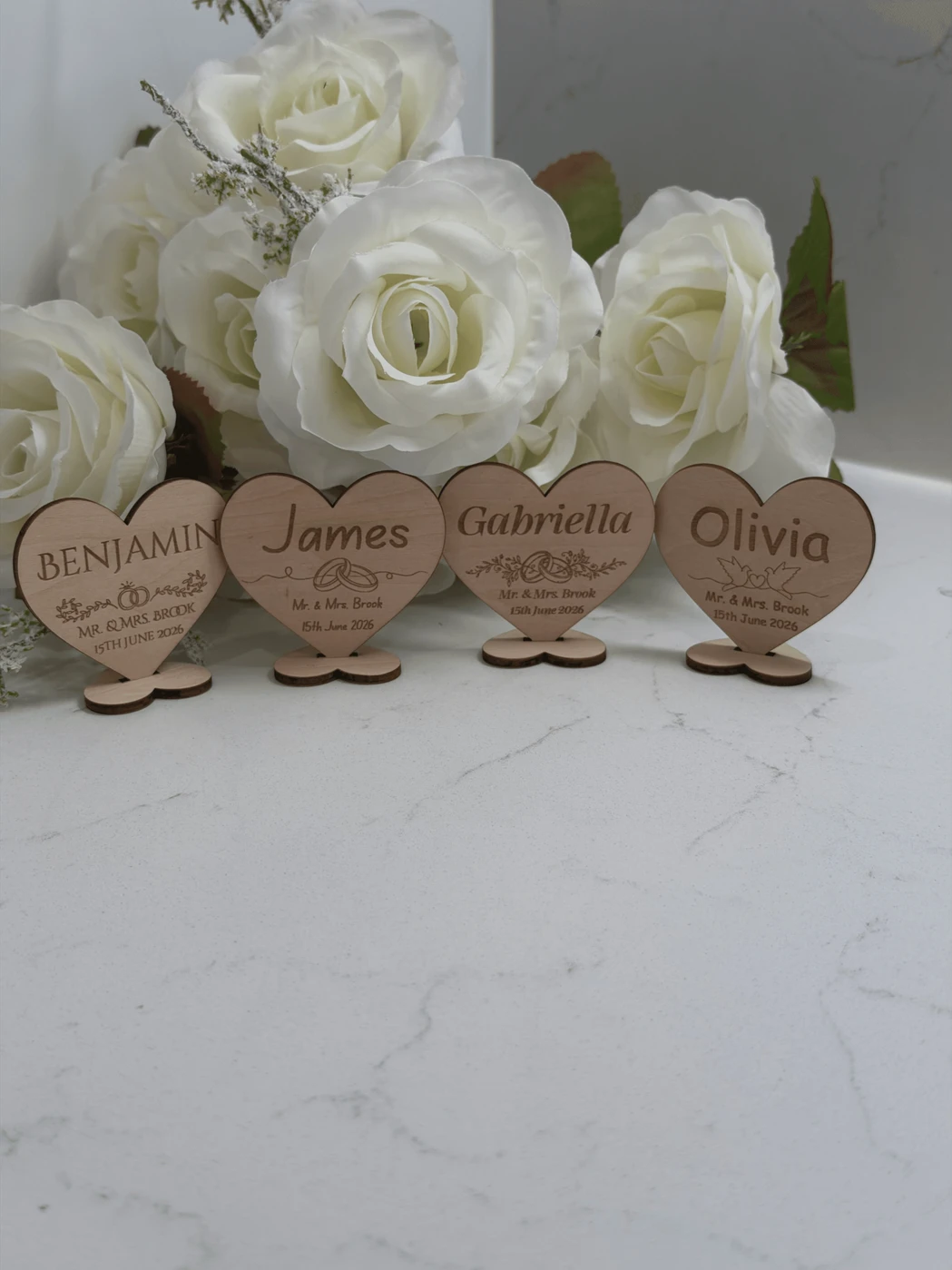Personalized Wooden Wedding Place Card Heart Ornament
