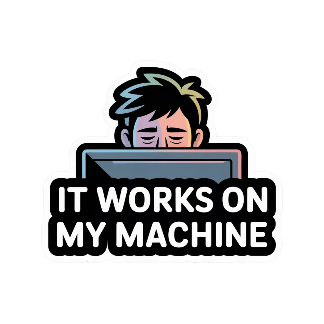 Funny IT Developer Sticker with "It Works On My Machine"