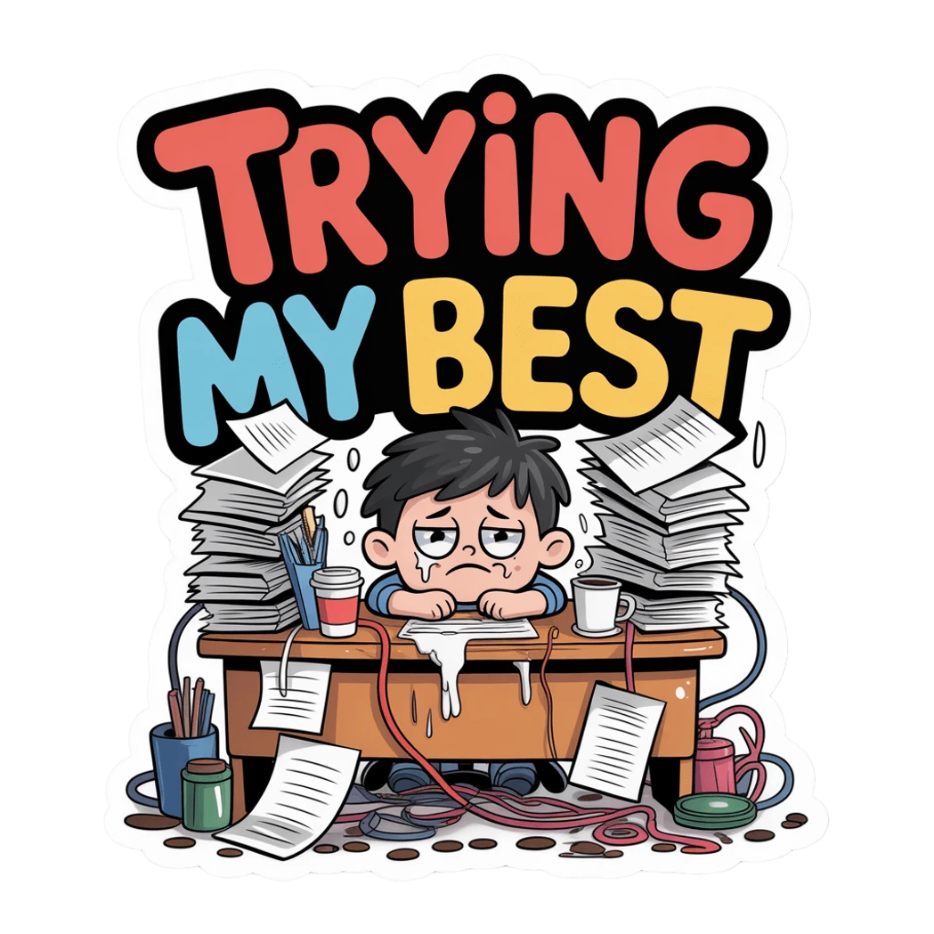 Funny Overworked Desk Cartoon Sticker
