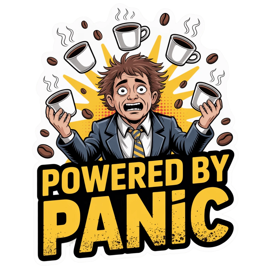 Funny Powered by Panic Coffee Sticker