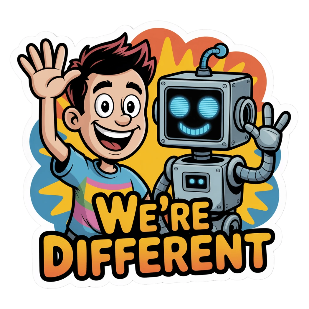 Fun Cartoon Boy and Robot We're Different Sticker