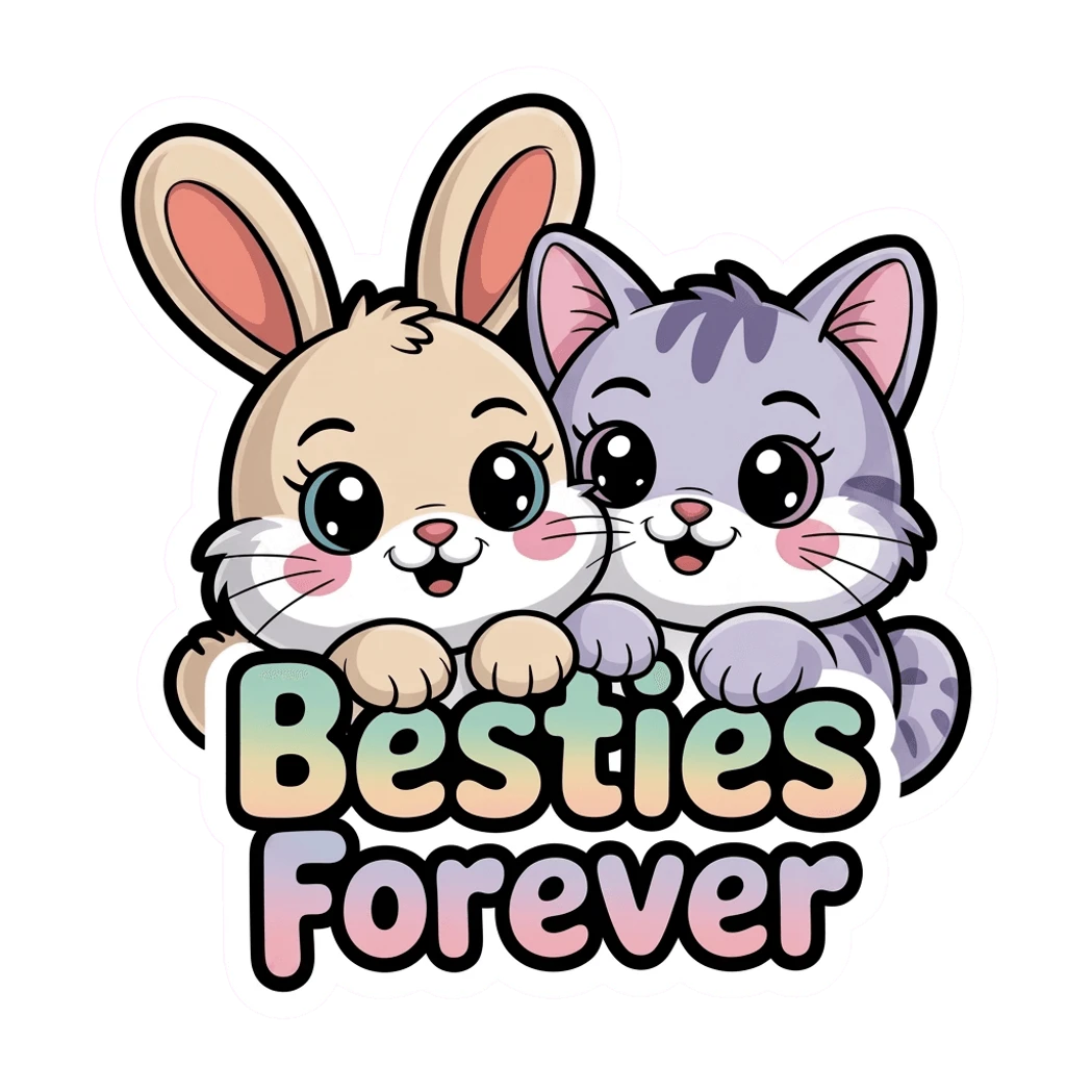 Cute Bunny and Cat Besties Forever Sticker