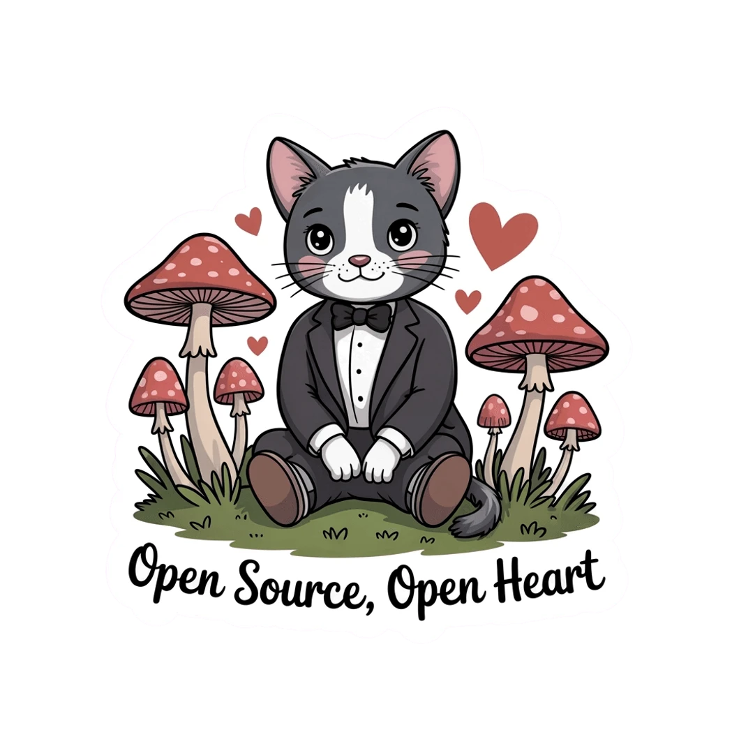 Charming Tuxedo Cat with Mushrooms Vinyl Sticker