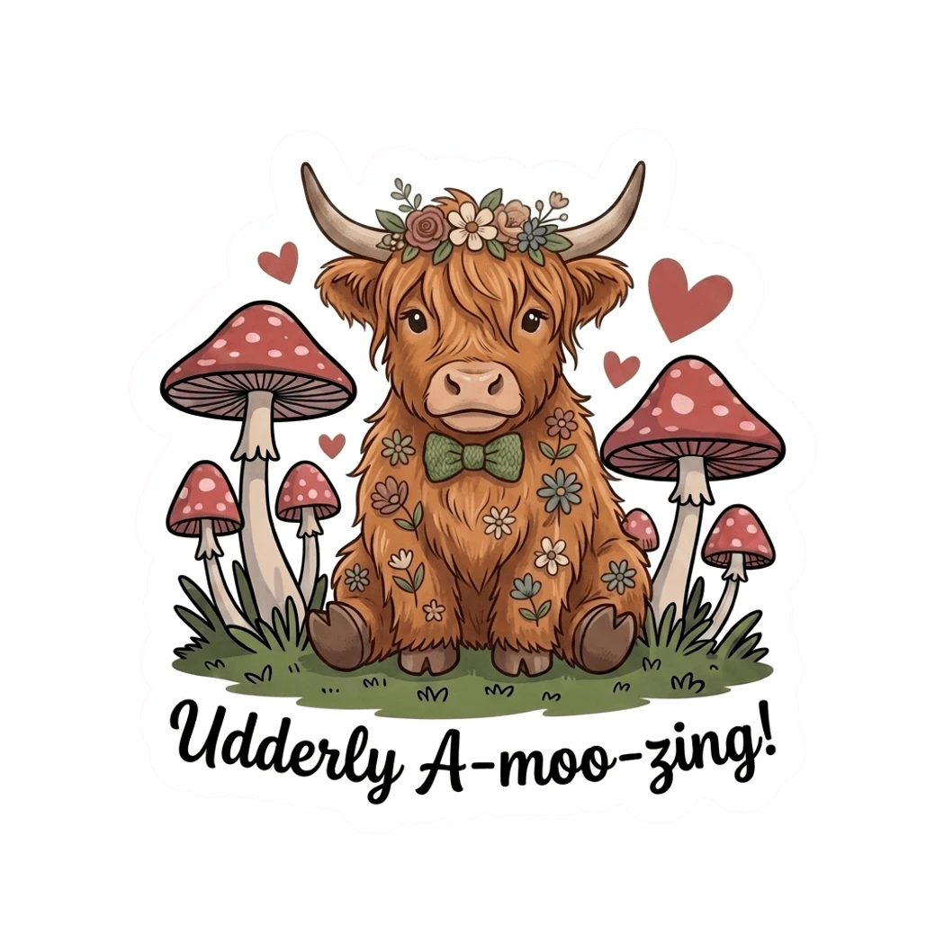 Adorable Highland Cow with Mushrooms Vinyl Sticker