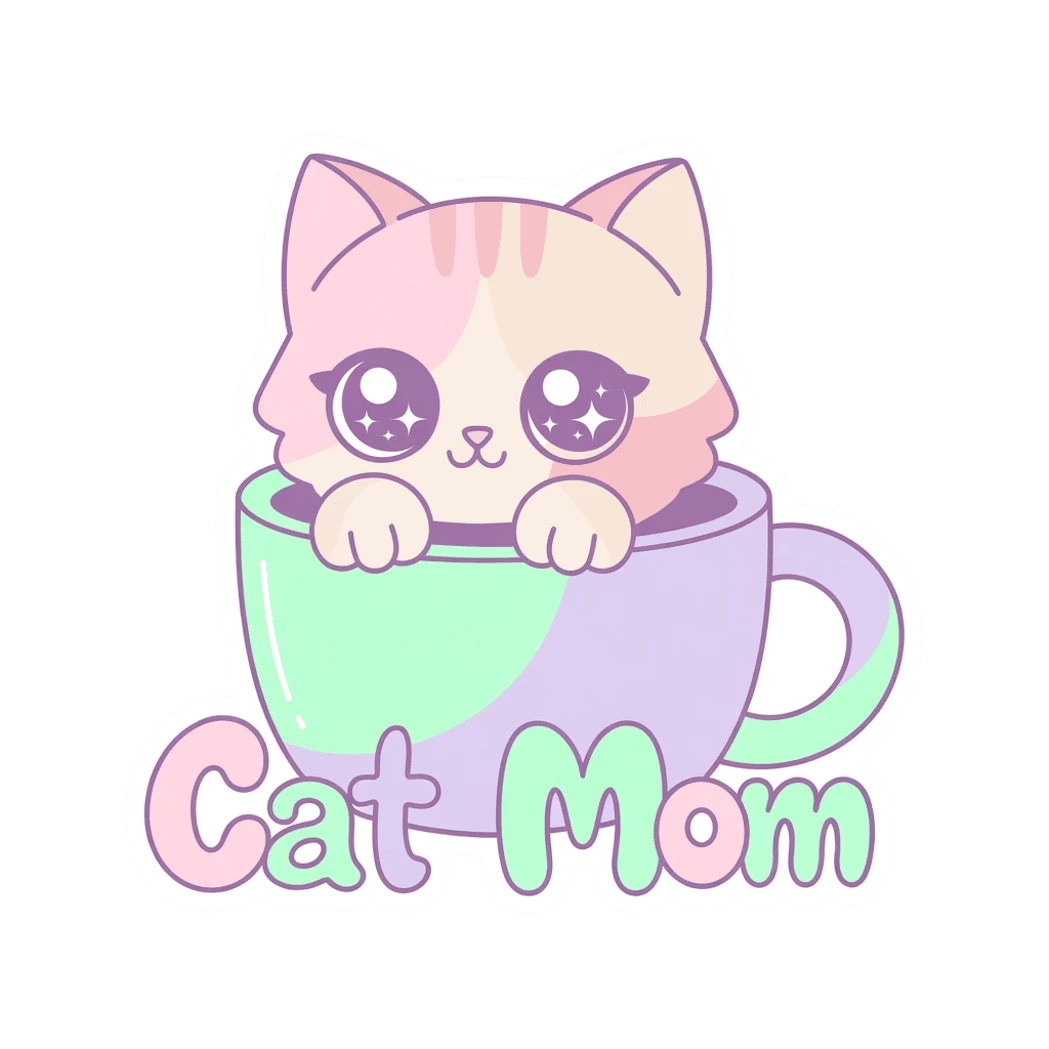 Kawaii Cat Mom Teacup Pastel Vinyl Sticker