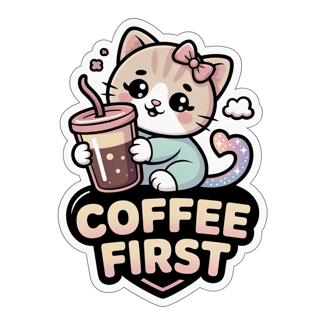 Cute Coffee First Cat With Tumbler Vinyl Sticker