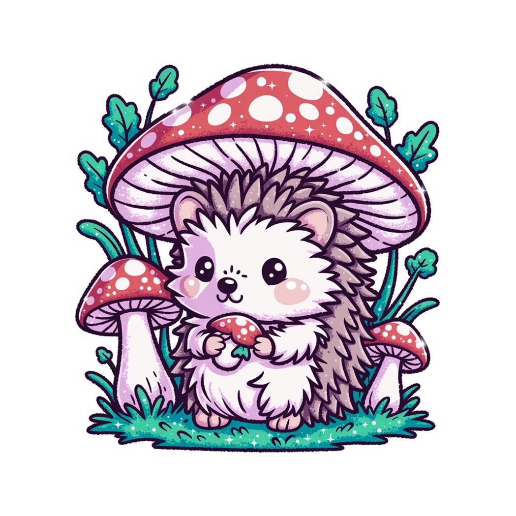 Cute Hedgehog With Mushrooms Kawaii Vinyl Sticker
