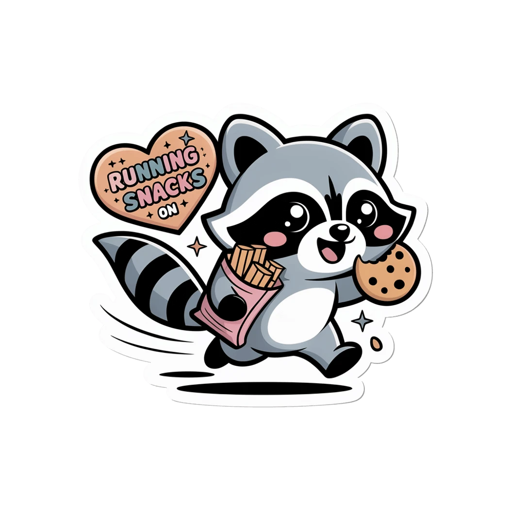 Cute Raccoon Running on Snacks Vinyl Sticker