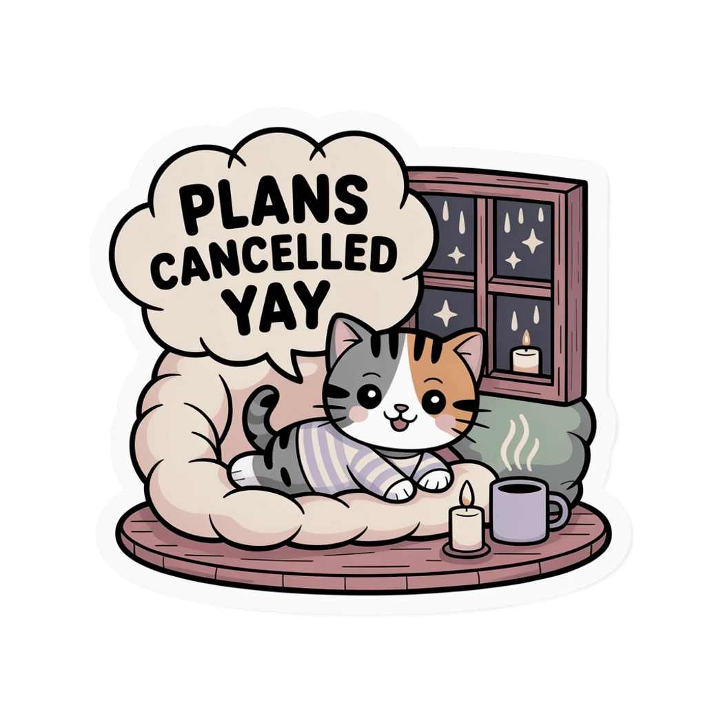 Plans Cancelled Yay Cozy Cat Vinyl Sticker