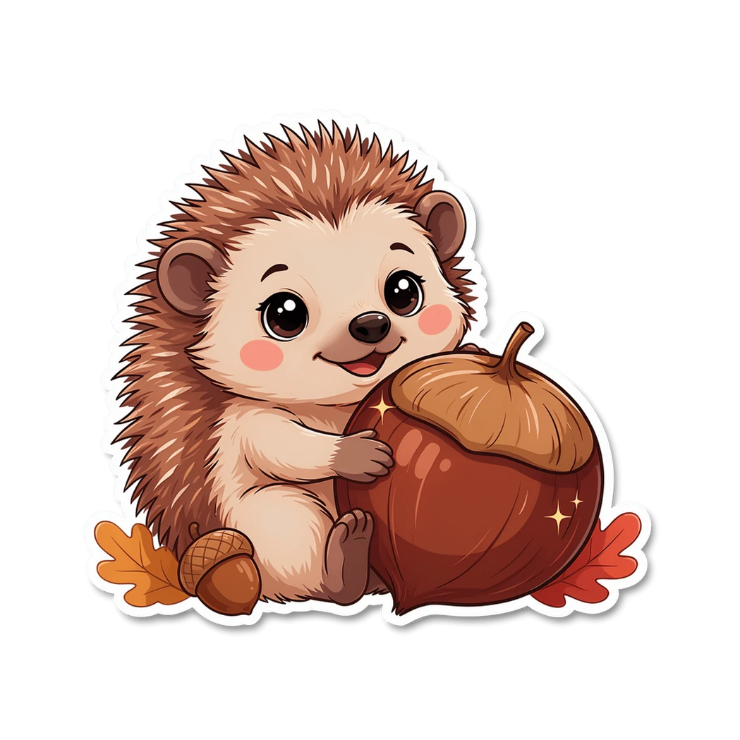 Cute Kawaii Hedgehog With Acorn Vinyl Sticker