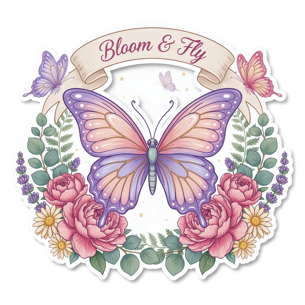 Pastel Butterfly Floral Bloom and Fly Sticker