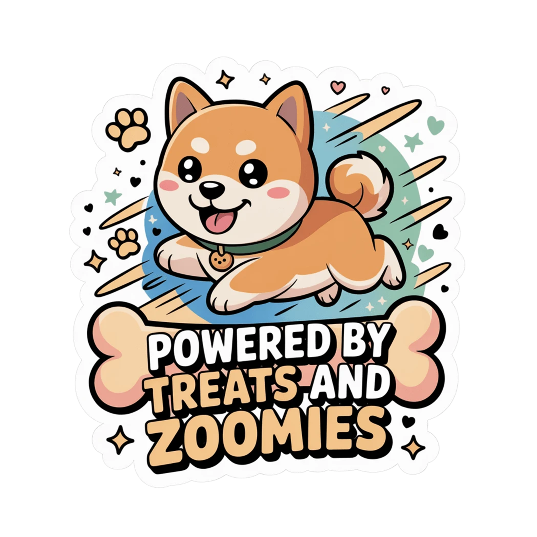 Cute Shiba Inu Powered by Treats and Zoomies Sticker