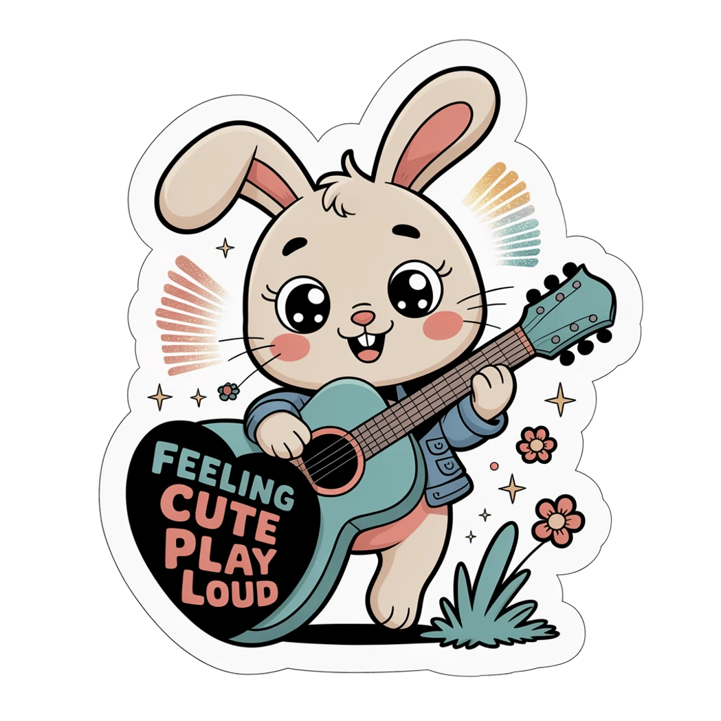 Cute Bunny Playing Guitar Feeling Cute Play Loud Sticker