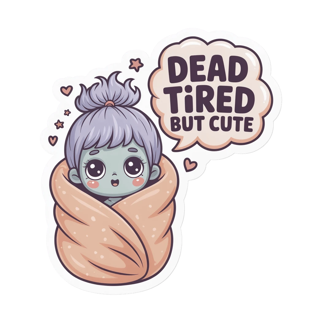 Dead Tired But Cute Sticker - Sleepy Kawaii Character Vinyl Sticker