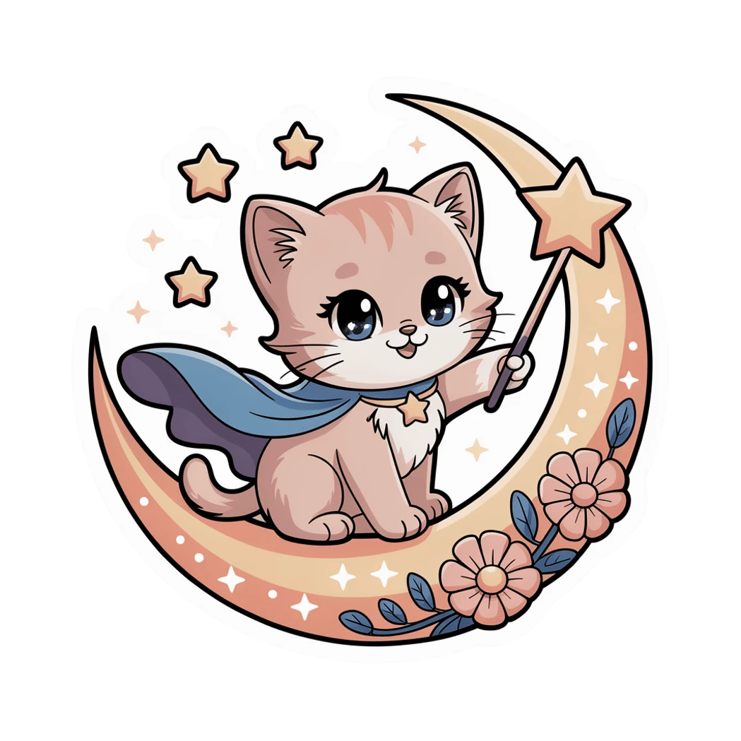 Cute Moon Kitten Mage Vinyl Sticker