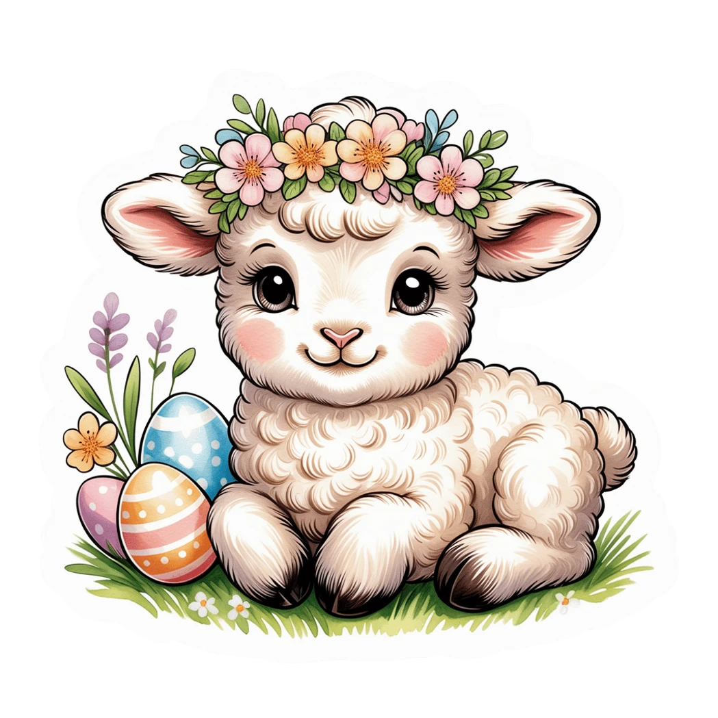 Cute Spring Lamb With Easter Eggs Vinyl Sticker