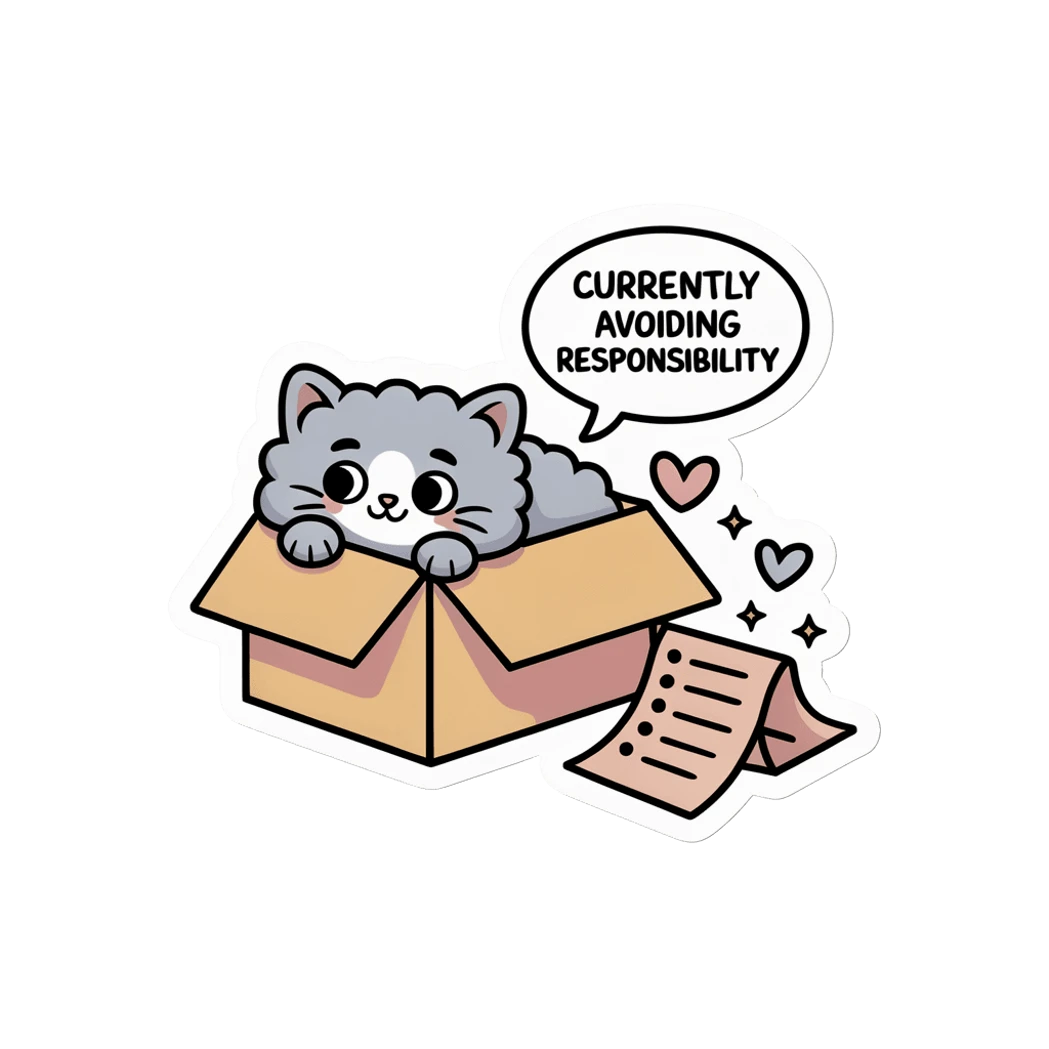 Cute Cat in Box Avoiding Responsibility Sticker