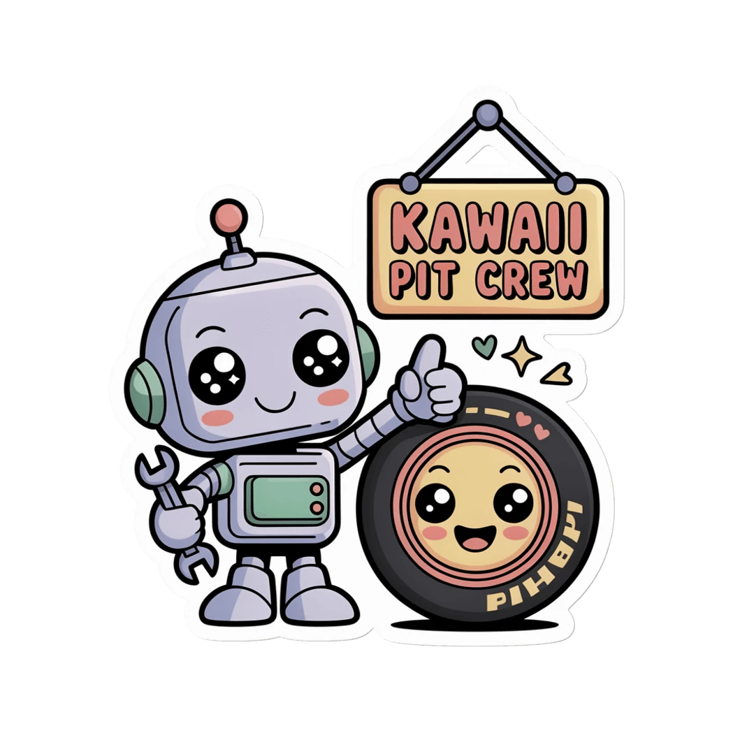 Kawaii Pit Crew Robot and Tire Vinyl Sticker