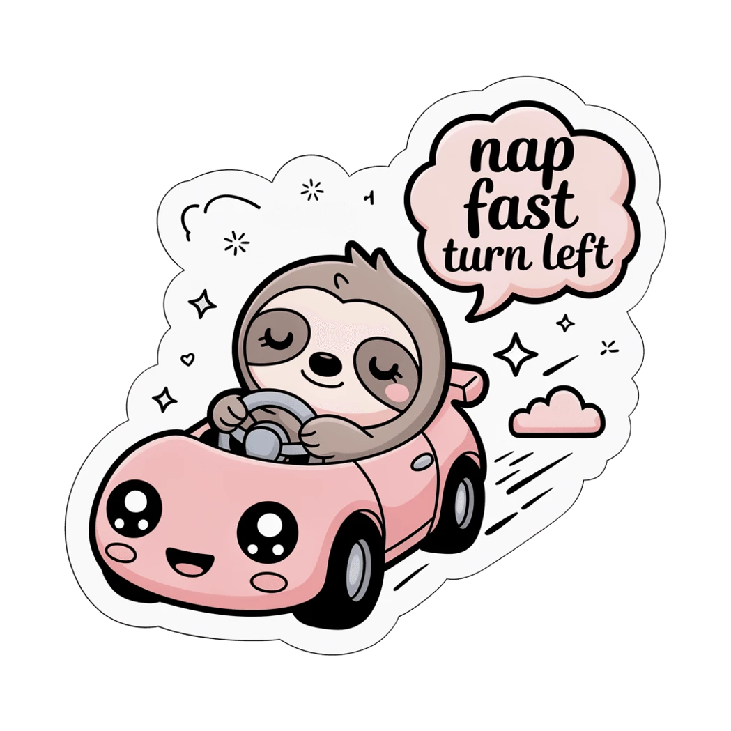 Cute Sloth Driving Pink Car Nap Fast Turn Left Sticker
