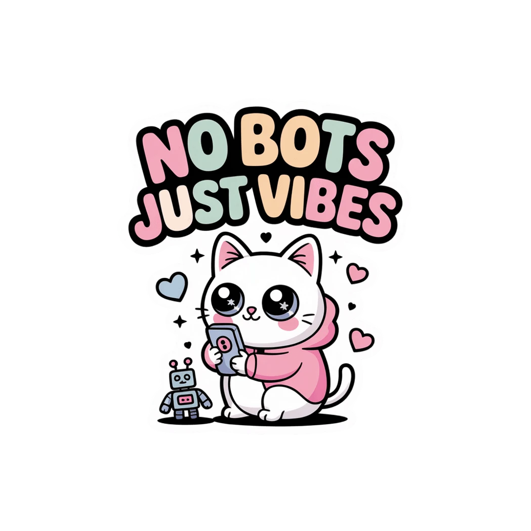 No Bots Just Vibes Kawaii Cat Vinyl Sticker