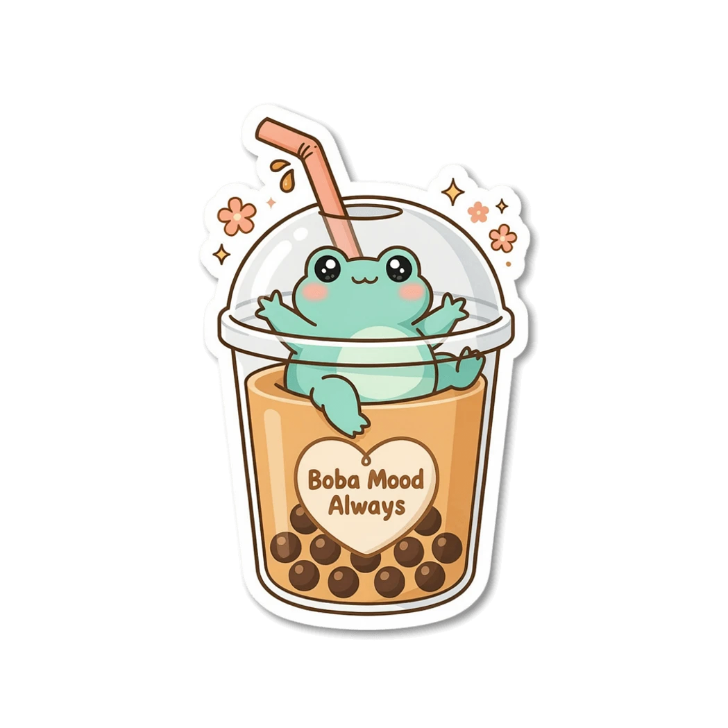 Cute Frog Boba Mood Always Vinyl Sticker