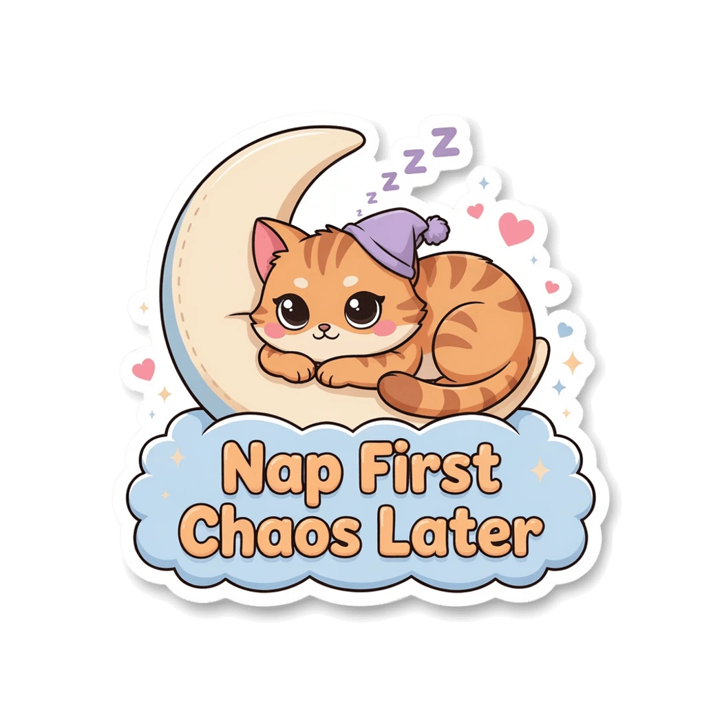 Cute Sleeping Cat Nap First Chaos Later Sticker