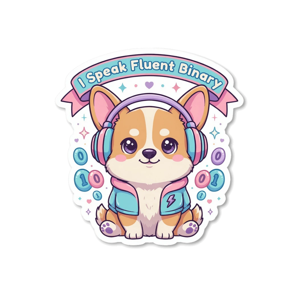 Cute Binary Corgi With Headphones Vinyl Sticker