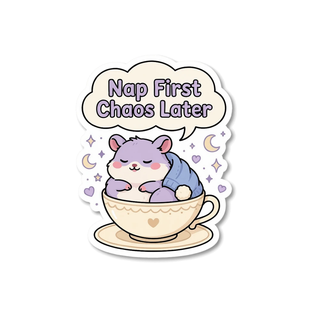 Cute Sleeping Hamster Teacup Nap First Chaos Later Sticker