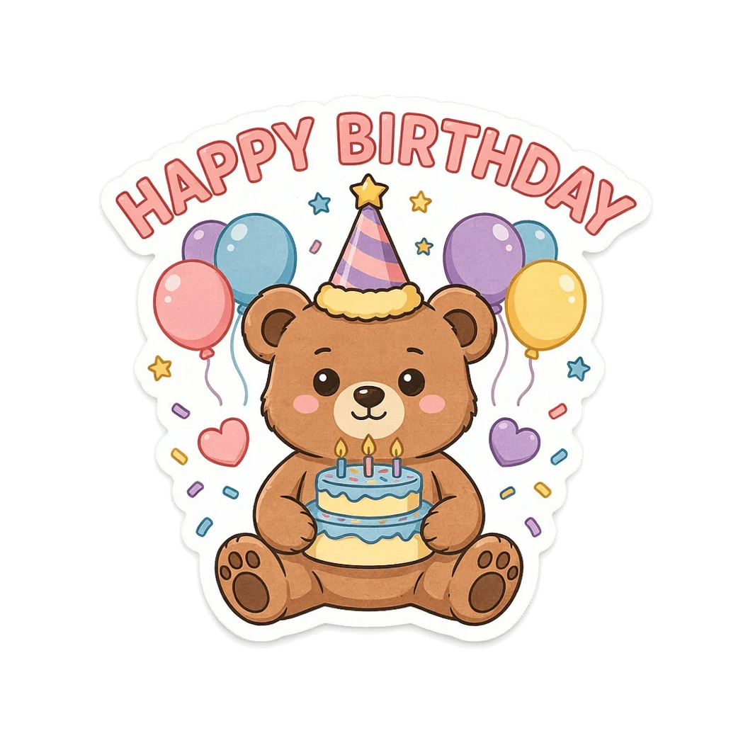 Cute Birthday Bear With Cake Vinyl Sticker