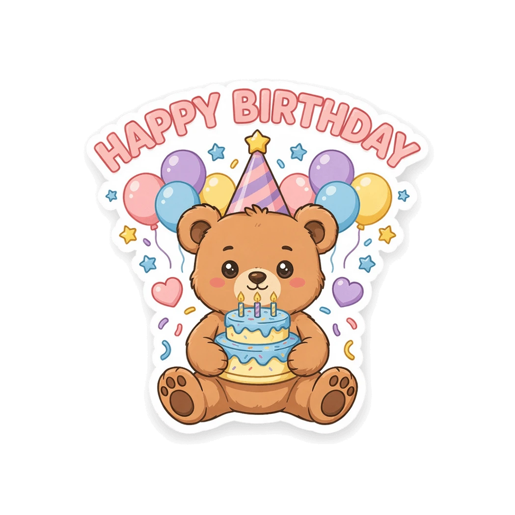 Cute Teddy Bear Happy Birthday Cake Vinyl Sticker