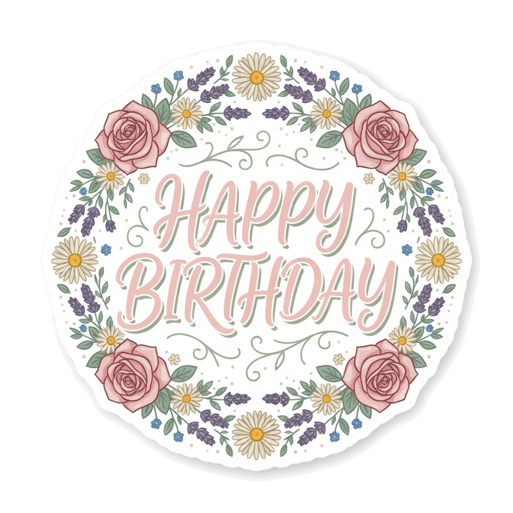 Floral Happy Birthday Round Vinyl Sticker