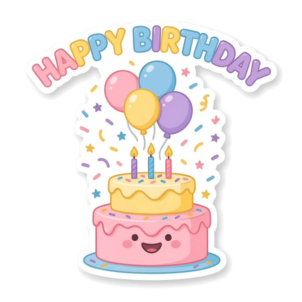 Cute Happy Birthday Cake Balloons Kawaii Vinyl Sticker