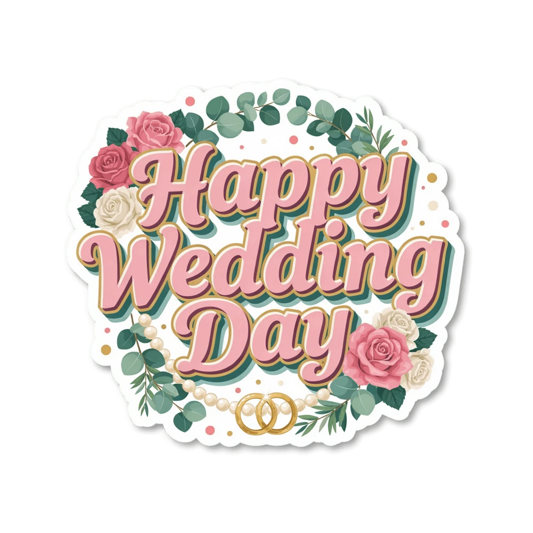 Happy Wedding Day Floral Roses Vinyl Sticker