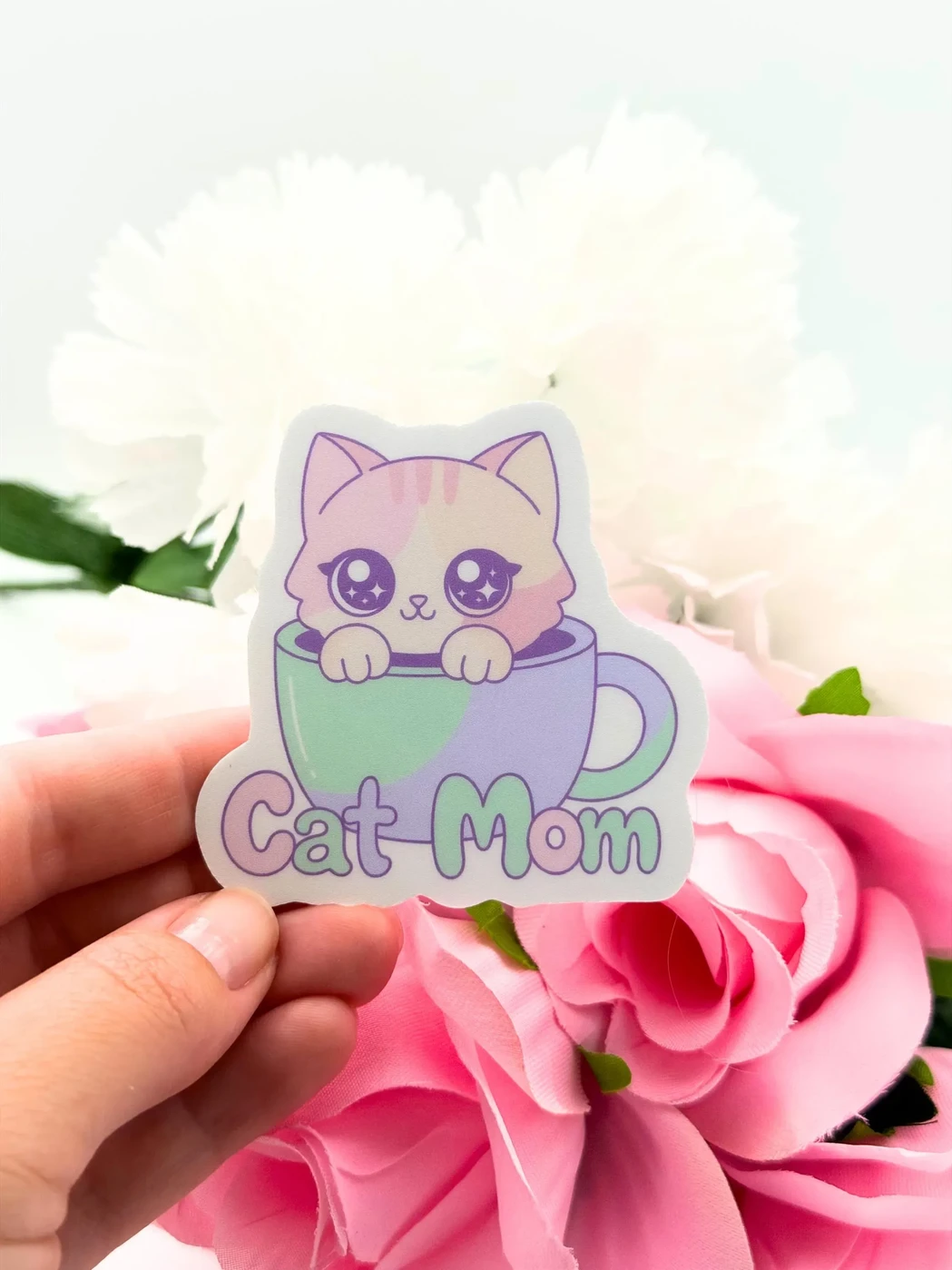 Kawaii Cat Mom Teacup Pastel Vinyl Sticker