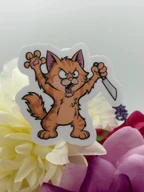 Angry Orange Cat With Knife Funny Vinyl Sticker