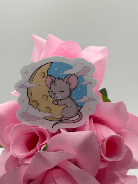 Cute Mouse Hugging Moon Kawaii Vinyl Sticker