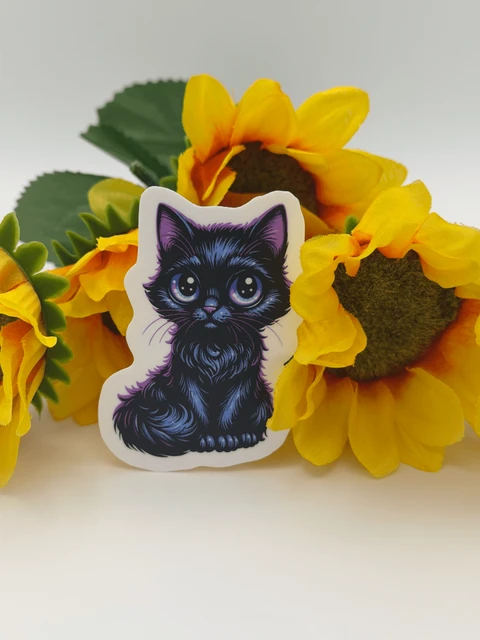 Cute Black Kitten With Big Purple Eyes Sticker