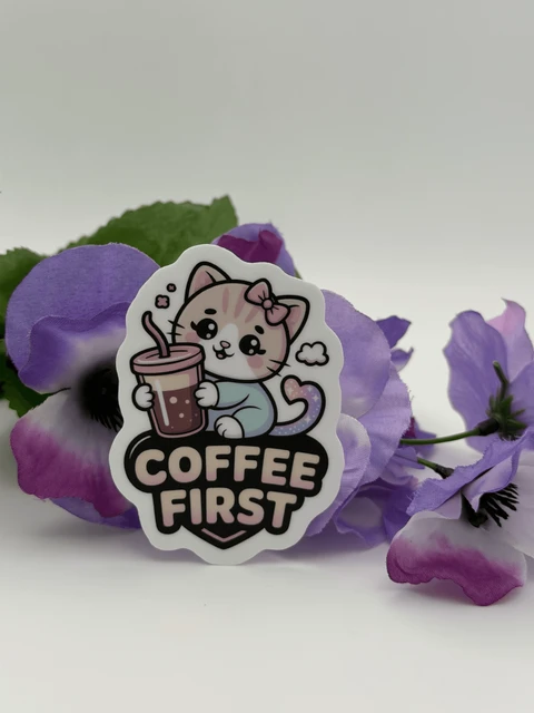 Cute Coffee First Cat With Tumbler Vinyl Sticker