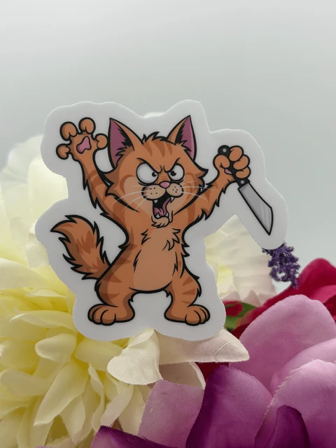 Angry Orange Cat With Knife Funny Vinyl Sticker