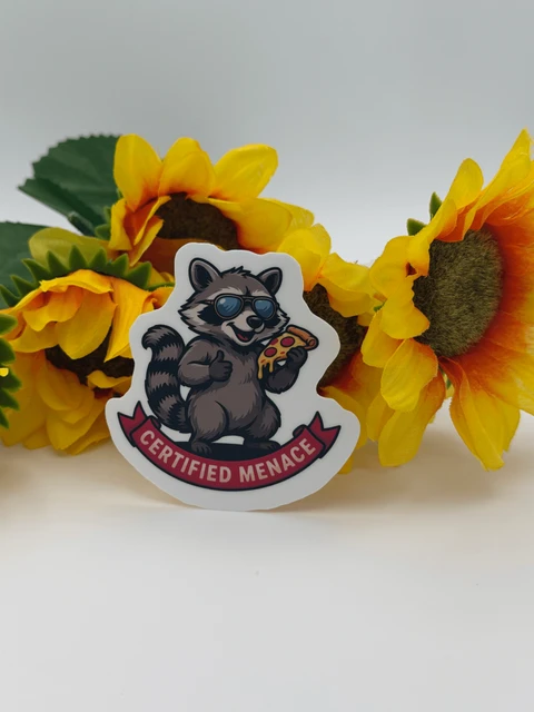 Funny Raccoon Pizza Sticker Certified Menace Decal