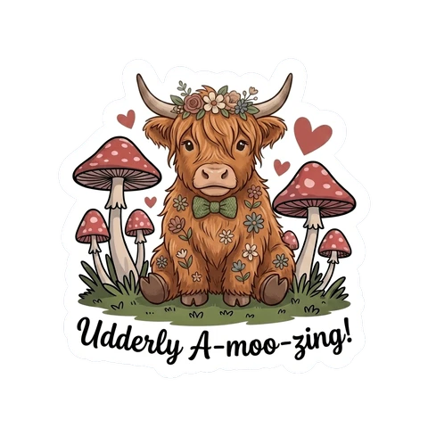 Adorable Highland Cow with Mushrooms Vinyl Sticker