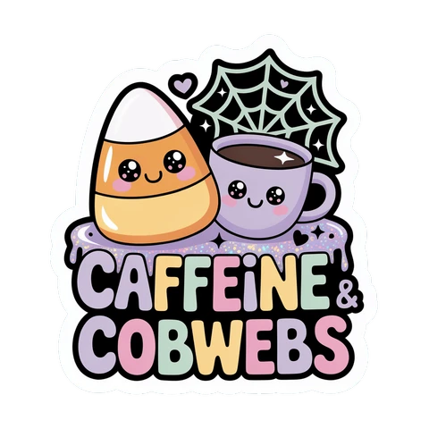 Kawaii Caffeine and Cobwebs Halloween Vinyl Sticker