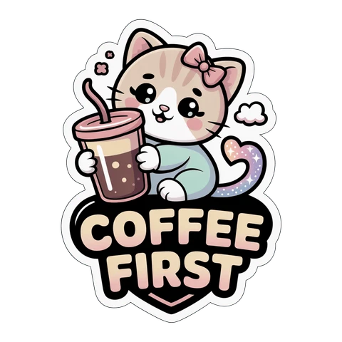 Cute Coffee First Cat With Tumbler Vinyl Sticker